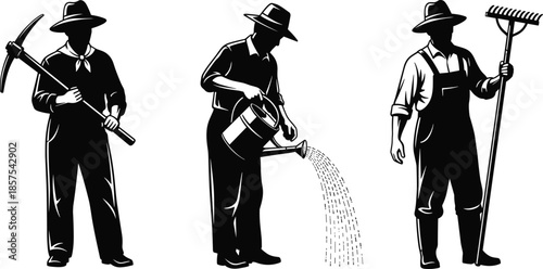 Farmer silhouettes set, men holding pickaxe rake and watering can, black vector illustration, agricultural worker concept isolated on white background.