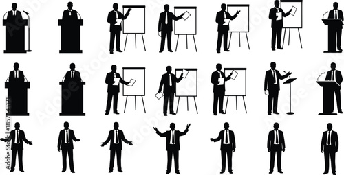 Set of businessman silhouettes giving presentations, speaking at podiums, and teaching with flip charts, vector illustration for corporate and education