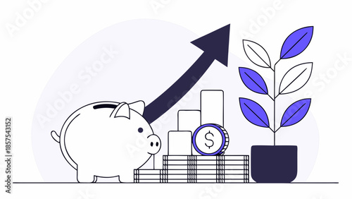Piggy bank with growing stack of coins and upward arrow representing financial growth.