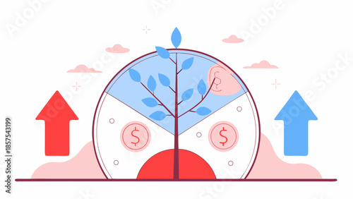 Financial growth concept with plant and rising arrows.