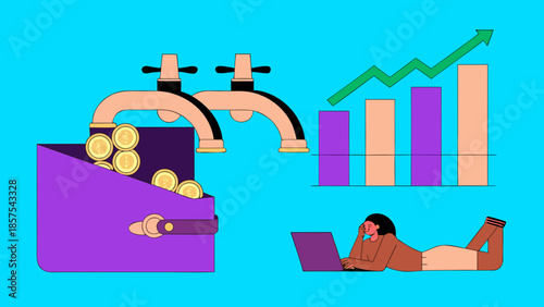 Financial growth concept with coins flowing into wallet and stock chart.