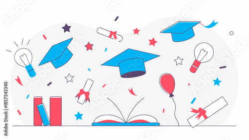 Graduation caps and diplomas flying with books and lightbulbs.