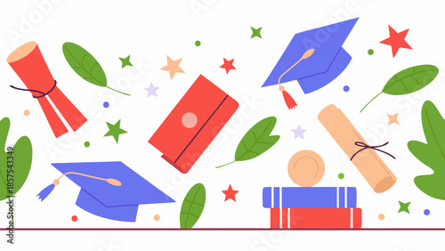 Graduation Caps Diplomas and Books Celebrating Academic Achievement.
