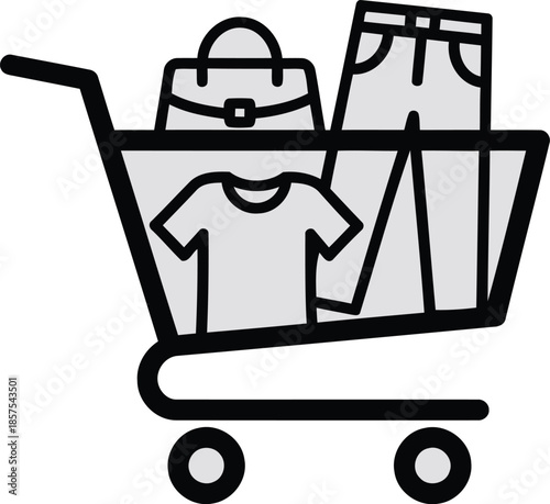 Shopping cart filled with various clothing items and accessories representing online retail convenience