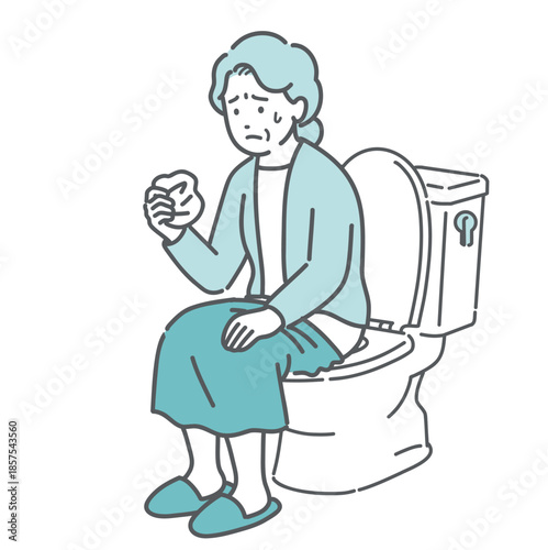 トイレで紙を見て血便や不正出血を確認する高齢女性のイラスト（セルフチェック・不安）