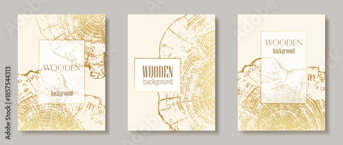 Set of wooden texture templates with gold tree ring patterns. Premium backgrounds with wood grain and elegant circular growth design Vertical banner with tree ring pattern Vector stamp of wood texture