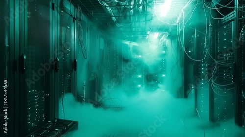 Data Center's Aura: Immerse yourself in the heart of modern technology within a data center, the air glows with a cool, ethereal green hue. a symphony of technology and innovation.