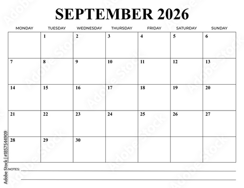 September 2026 Monthly Calendar, Monday Start, Minimal Printable Planner