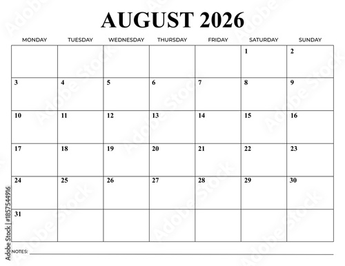 August 2026 Monthly Calendar, Monday Start, Minimal Printable Planner