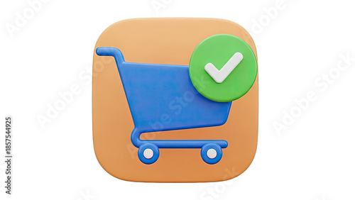 3D Shopping cart with a checkmark icon on transparent background