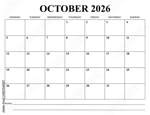 October 2026 Monthly Calendar, Monday Start, Minimal Printable Planner