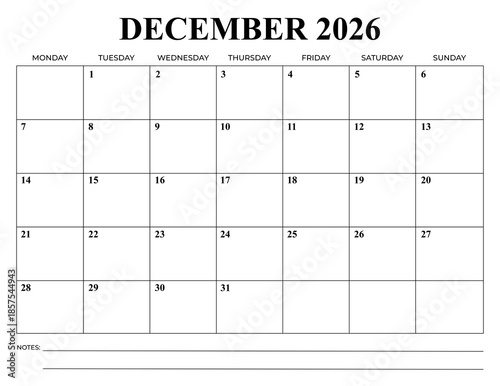 december 2026 Monthly Calendar, Monday Start, Minimal Printable Planner