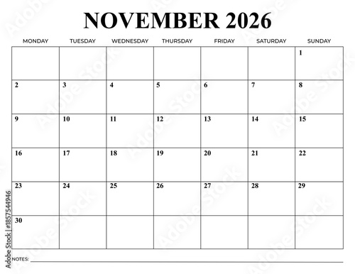 November 2026 Monthly Calendar, Monday Start, Minimal Printable Planner