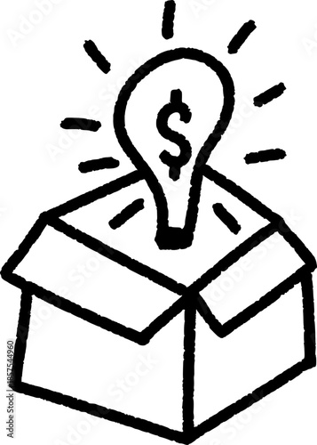 Simple box illustration with lightbulb emerging representing innovative business ideas and creative solutions for startup success and financial growth.