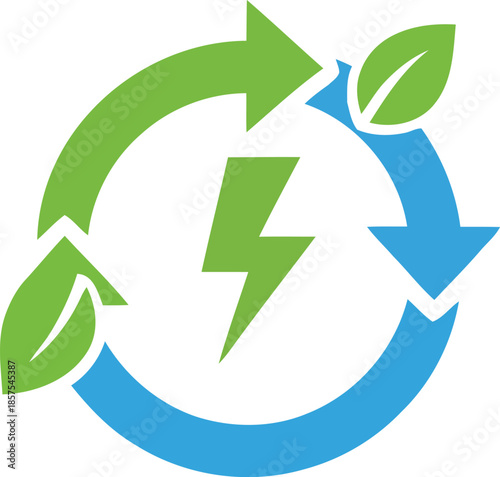 Renewable energy concept with green leaf and lightning bolt inside circular arrows