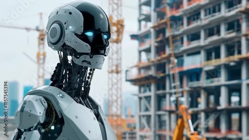 Futuristic Vision: A close-up of a sleek, modern robot with glowing eyes surveys a construction site, embodying the cutting-edge potential of technology in the construction industry.