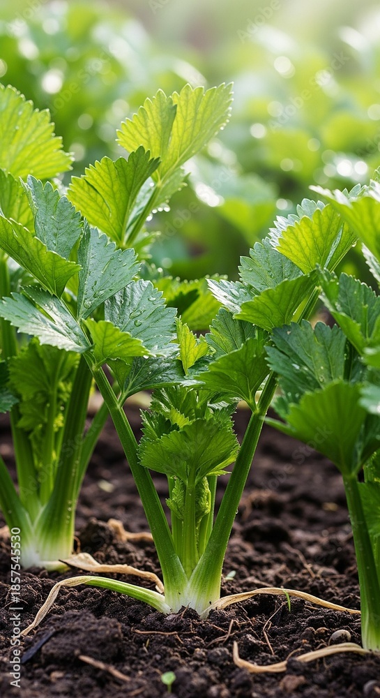 Obraz premium Fresh green leafy vegetable seedlings growing in fertile organic soil garden