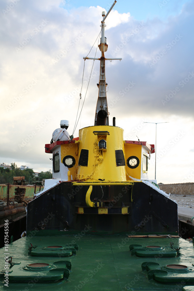 Fototapeta premium Barge dredging platform crane barge tug boat on the sea 