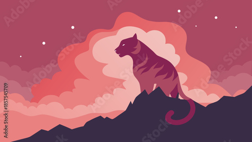 Pink and purple digital illustration of a majestic tiger perched on a mountain under a starry night sky