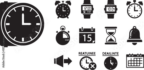 Collection of various black and white time management and scheduling icons