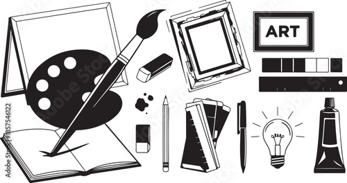 Collection of art supplies for painting drawing and creative design projects