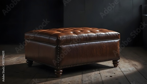 Luxurious brown leather ottoman with tufted top and wooden legs