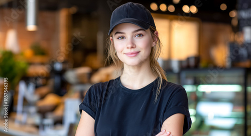 Portrait of young woman wearing black cap and tshirt standing in cafe female employee worker