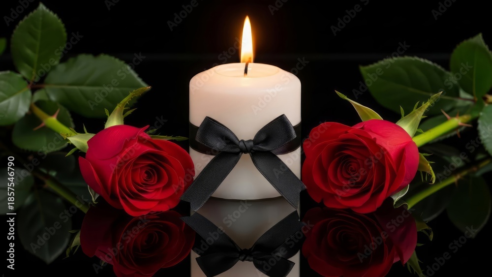 Fototapeta premium A lit memorial candle with a black ribbon and red roses on a reflective surfaceю. AI generated.
