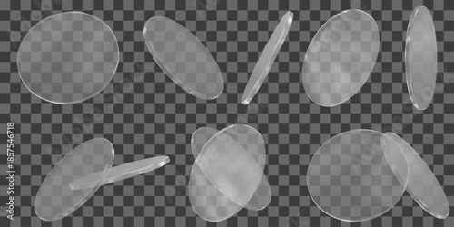 3d glass transparent coin, disk, podium or shape element with different angles. Realistic circle figure. Y2  abstract element. Stock vector illustration on isolated background.