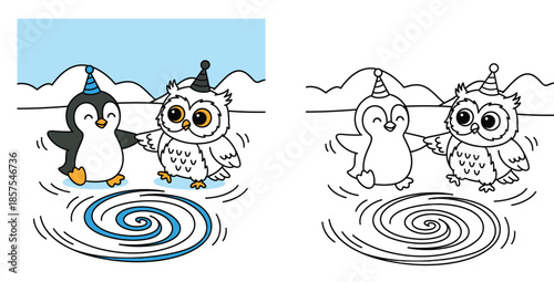Cute penguin and owl dancing on ice with party hats coloring page. Vector illustration of winter birds for kids activity book with outline.