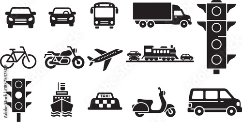 Collection of black silhouette icons representing various forms of transportation modes