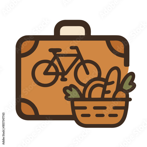 Icon Slow Travel: A suitcase with a bicycle and a local market basket, not plane tickets.