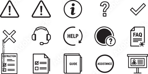Collection of essential black and white help and support interface icons
