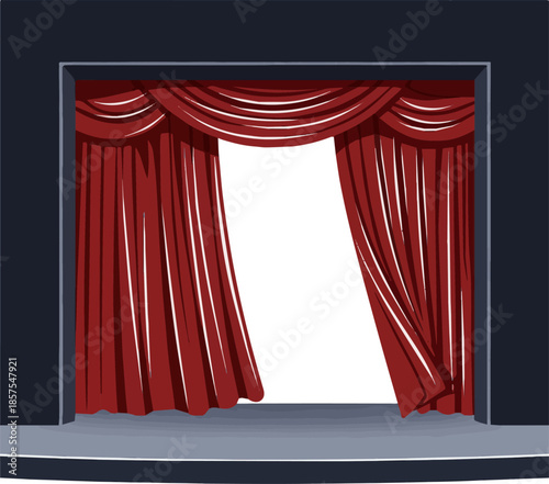 Isolated a realistic theatre stage with open red velvet curtains vector art with white background.