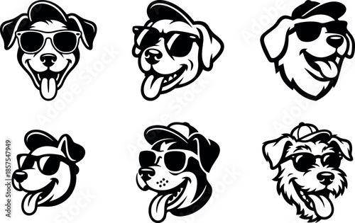 dog logo set with sunglasses, cool pet head mascot black and white vector, modern dog head logos, trendy pet mascot