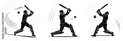 Cricket batsman silhouette vector illustration, dynamic cricket player batting action isolated on white background