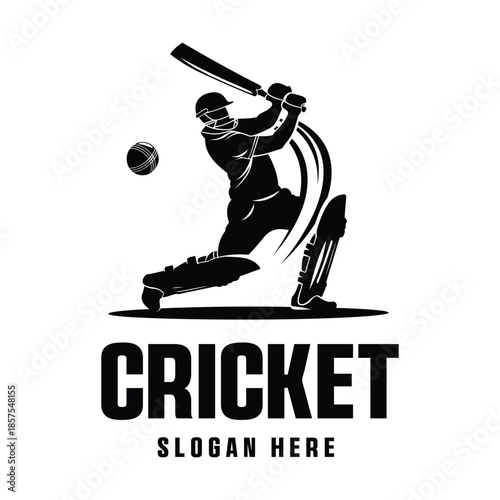 Dynamic cricket batsman silhouette in powerful batting motion, modern black and white sports vector illustration, professional player action pose isolated on clean white background for stock use