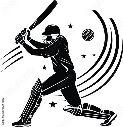 cricket batsman silhouette vector illustration, dynamic cricket player batting action isolated on white background