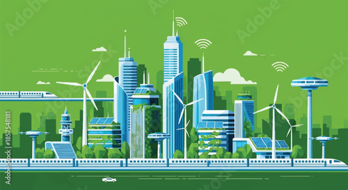 Futuristic Sustainable Smart City Illustration with Green Skyscrapers Wind Turbines and Solar Power