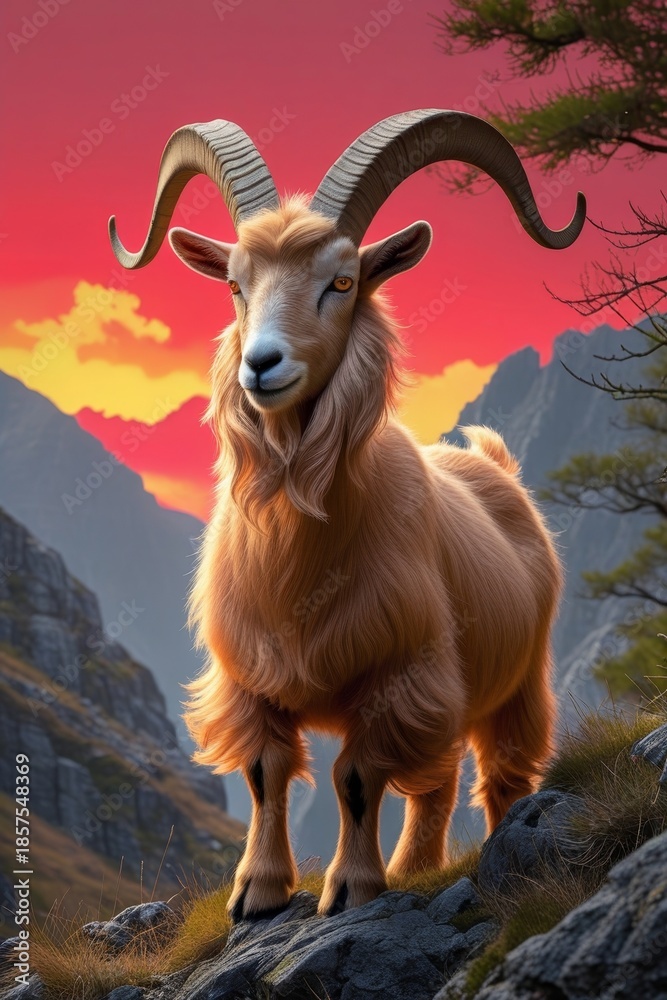 Obraz premium Sacred Fire Goat at Sunrise – Mountain Pass, Red Rays, Symbol of Zodiac Year and Renewal