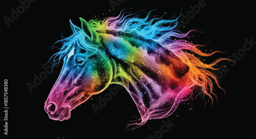 Artistic Rainbow Flame Horse Head Portrait on Solid Black Background