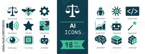 AI icons set. Containing balance scales, bee swarm, gear mechanism, robot automation, radiant burst, code bracket, audio waves, star rating, puzzle integration, eye vision, microchip processor, chatbo