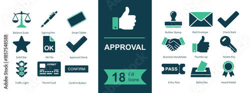 Approval icon set. Containing scales, pen, tablet, thumbs up, stamp, envelope, checkmark, star, OK file, tick, handshake, like, key, traffic light, permit card, confirm button, pass ticket, ballot box