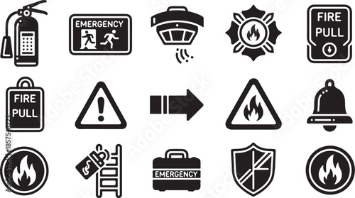 Set of essential black and white icons for fire safety and emergencies