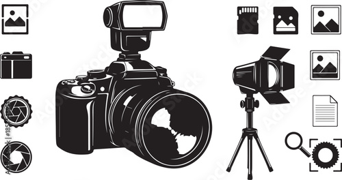 Black and white vector icons set representing professional photography equipment and elements