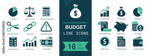 Budget line icon set. Containing pie chart, balance scales, calculator, scissors, chain link, warning triangle, checklist, growth chart, cash bills, money bag, progress arrow, expense bag, receipt, pi