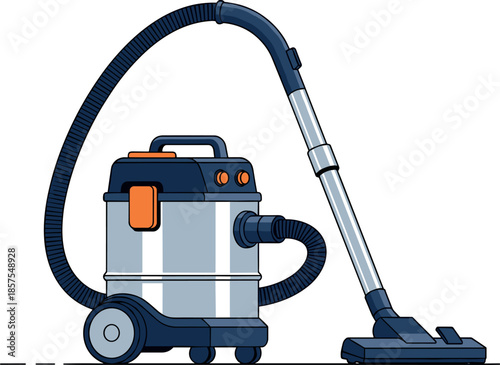 Canister vacuum cleaner with metallic body, hose, and nozzle for household cleaning appliance design - flavector
