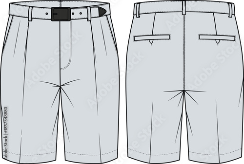 Tailored shorts fashion sketch, front and back view, technical flat drawing, vector apparel template, cad illustration, garment design, structured silhouette