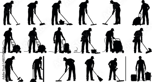 Cleaning workers silhouette set with floor scrubber, vacuum and broom poses, janitorial service concept, black people shapes, vector illustration