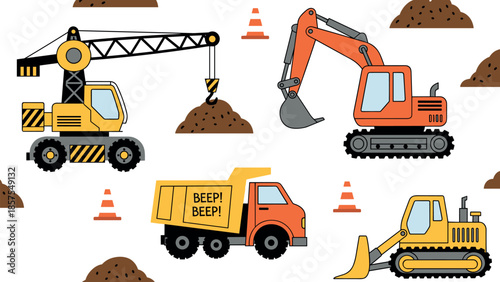 Construction machinery illustration set featuring crane, excavator, dump truck and bulldozer, heavy equipment vehicles for building site concept